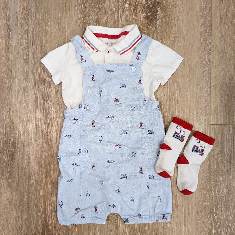 12-18 Month Nautical And Train Themed Set With Overalls Shirt and Socks